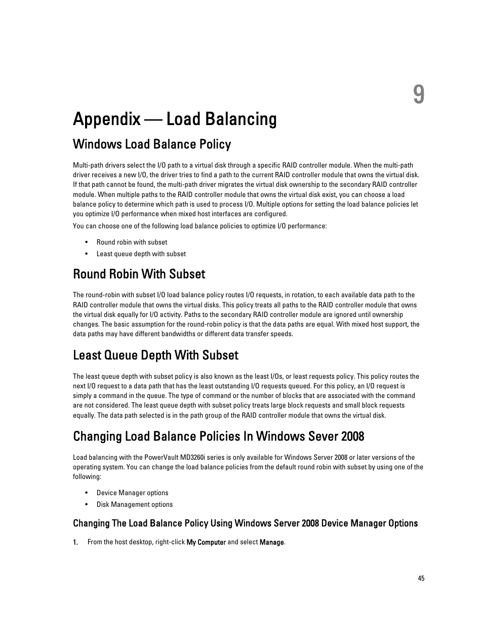 Appendix — load balancing, Windows load balance policy, Round robin with subset | Least queue depth with subset, 9 appendix — load balancing | Dell PowerVault MD3260i User Manual | Page 45 / 55