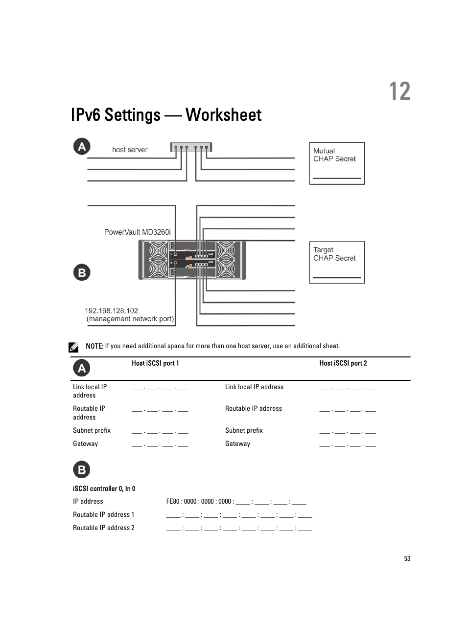 Ipv6 settings — worksheet, 12 ipv6 settings — worksheet | Dell PowerVault MD3260i User Manual | Page 53 / 55