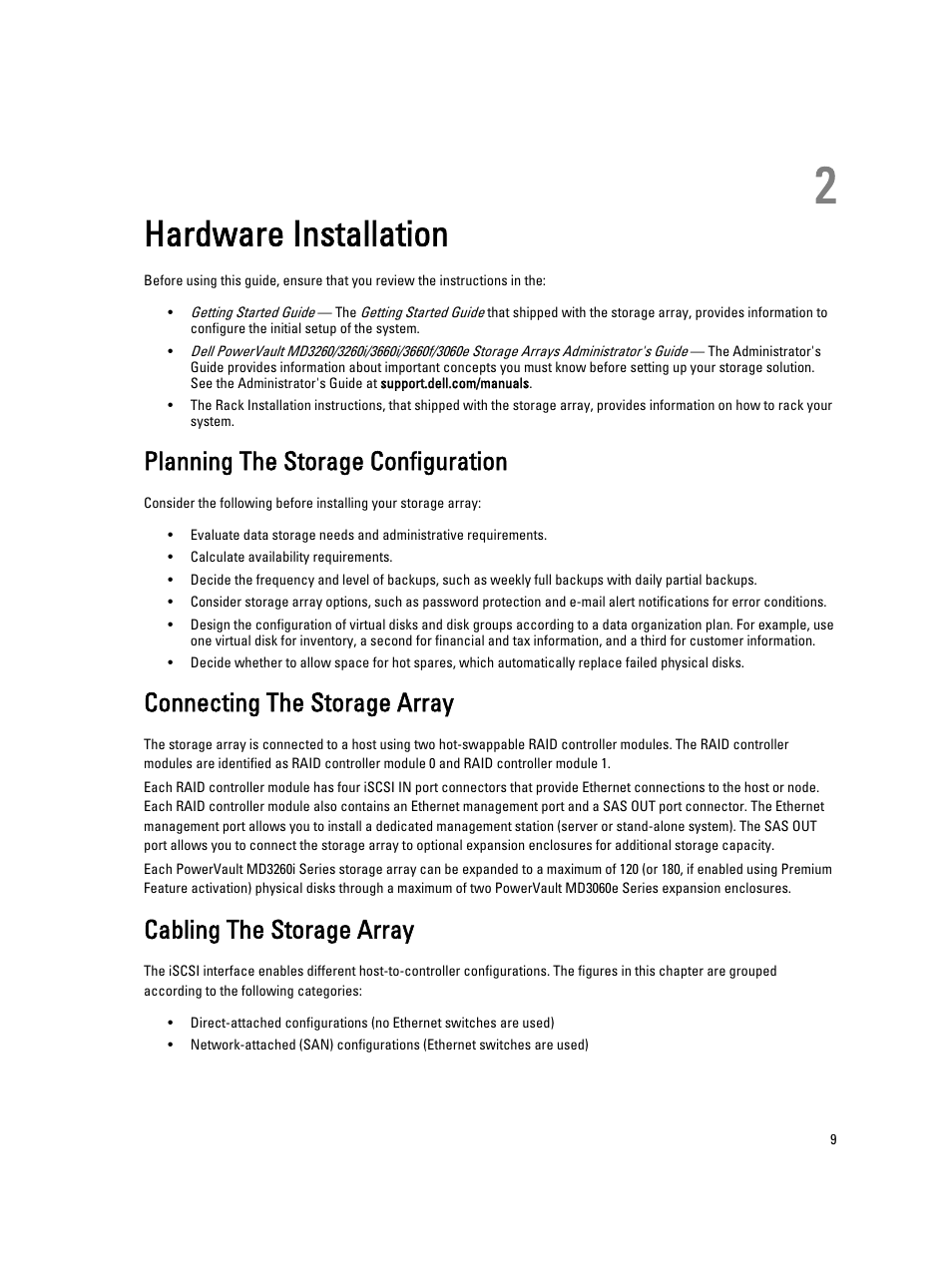Hardware installation, Planning the storage configuration, Connecting the storage array | Cabling the storage array, 2 hardware installation | Dell PowerVault MD3260i User Manual | Page 9 / 55