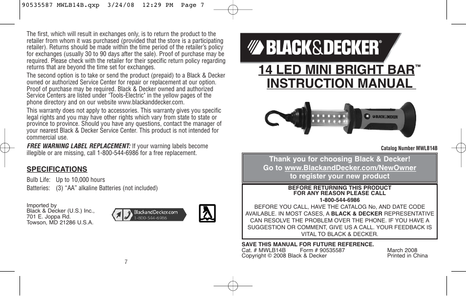 Black & Decker MINI BRIGHT BAR MWLB14B User Manual | 4 pages