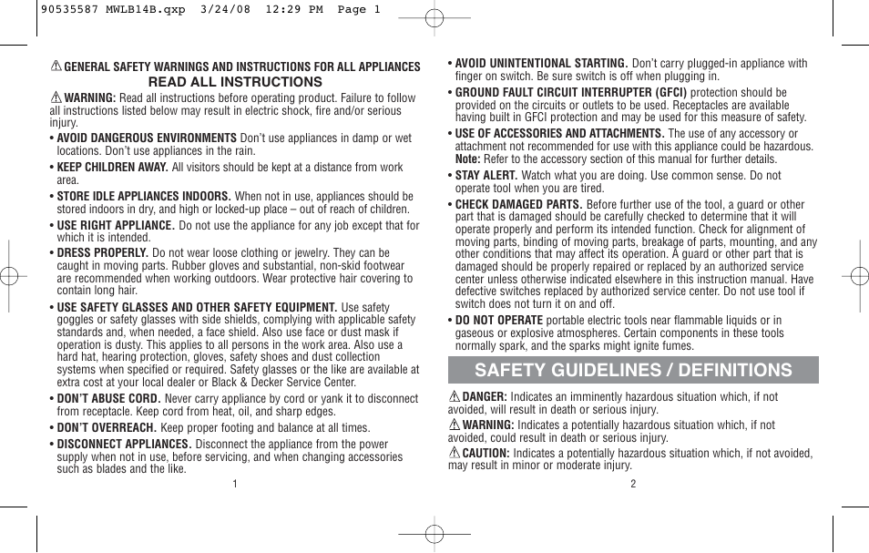 Safety guidelines / definitions | Black & Decker MINI BRIGHT BAR MWLB14B User Manual | Page 2 / 4