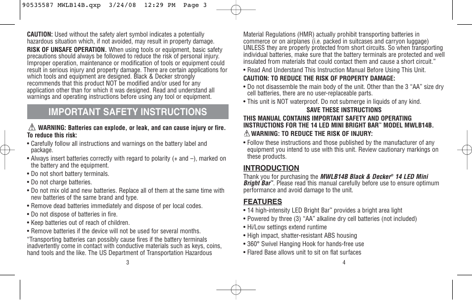 Important safety instructions | Black & Decker MINI BRIGHT BAR MWLB14B User Manual | Page 3 / 4