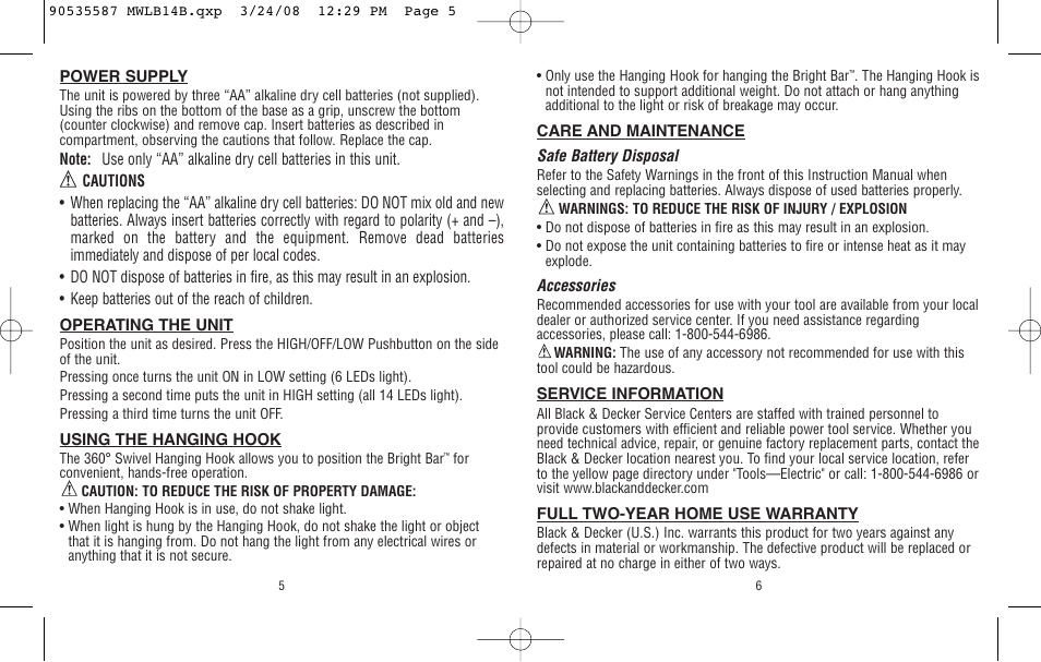 Black & Decker MINI BRIGHT BAR MWLB14B User Manual | Page 4 / 4
