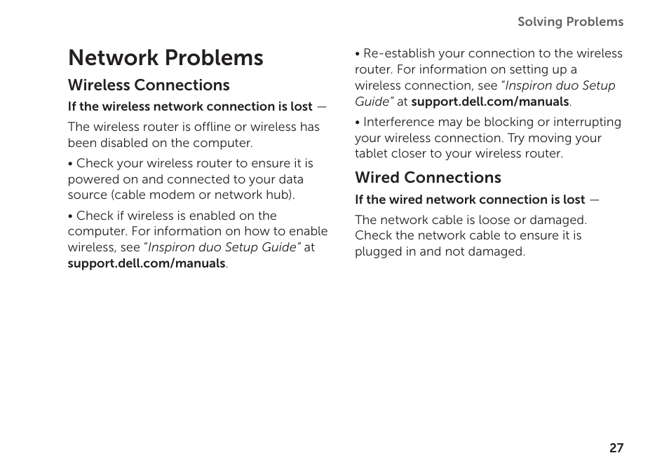 Network problems | Dell Inspiron Mini Duo (1090, Late 2010) User Manual | Page 29 / 34