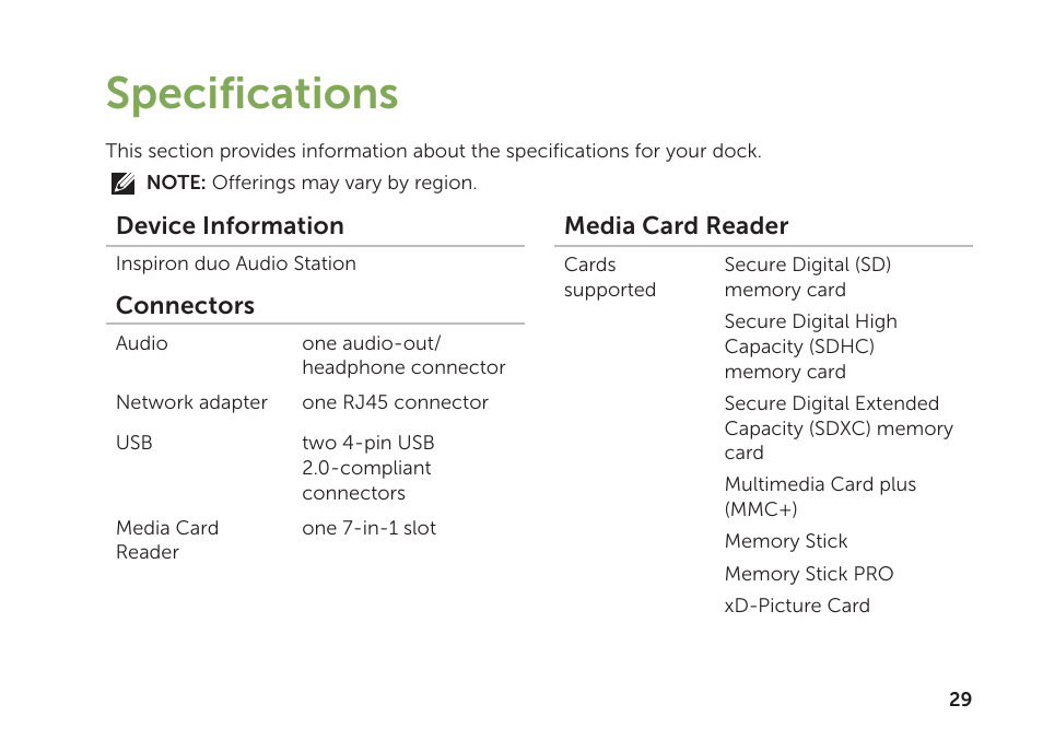 Specifications | Dell Inspiron Mini Duo (1090, Late 2010) User Manual | Page 31 / 34