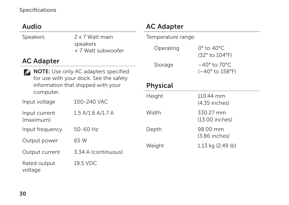 Audio, Ac adapter, Physical | Dell Inspiron Mini Duo (1090, Late 2010) User Manual | Page 32 / 34