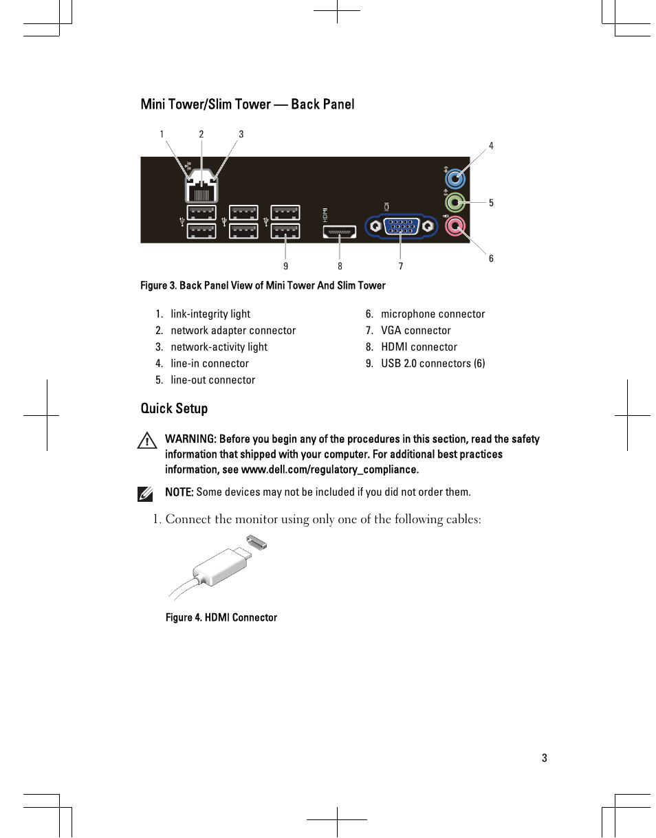 Mini tower/slim tower — back panel, Quick setup | Dell Vostro 260 (Mid 2011) User Manual | Page 3 / 8
