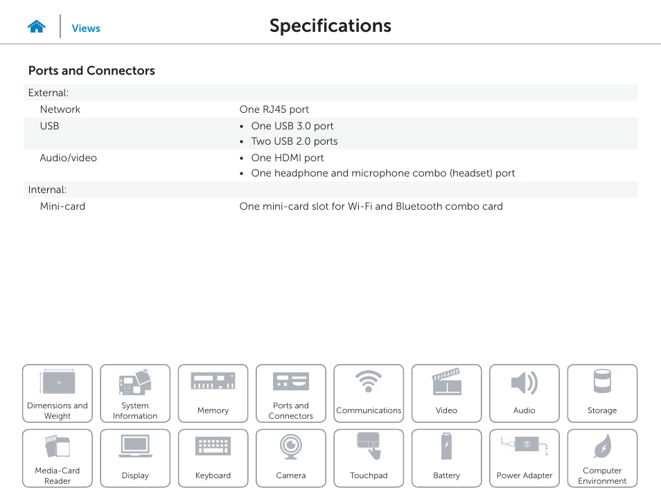 Ports and, Connectors, Specifications | Ports and connectors | Dell Inspiron 14 (3443, Early 2015) User Manual | Page 10 / 22