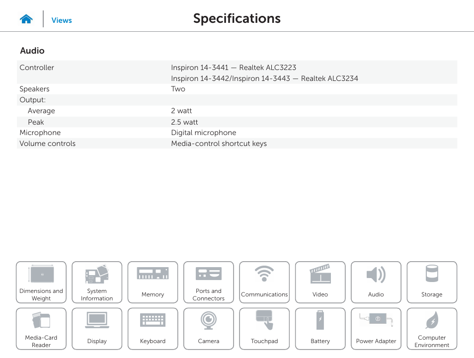 Audio, Specifications | Dell Inspiron 14 (3443, Early 2015) User Manual | Page 13 / 22