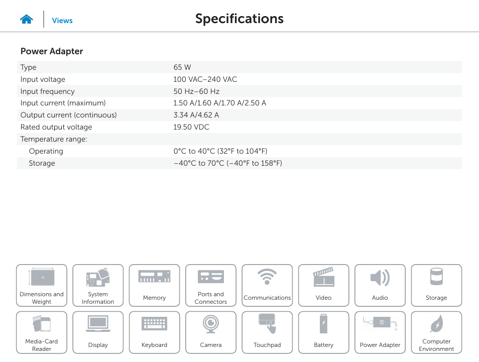 Power adapter, Specifications | Dell Inspiron 14 (3443, Early 2015) User Manual | Page 21 / 22