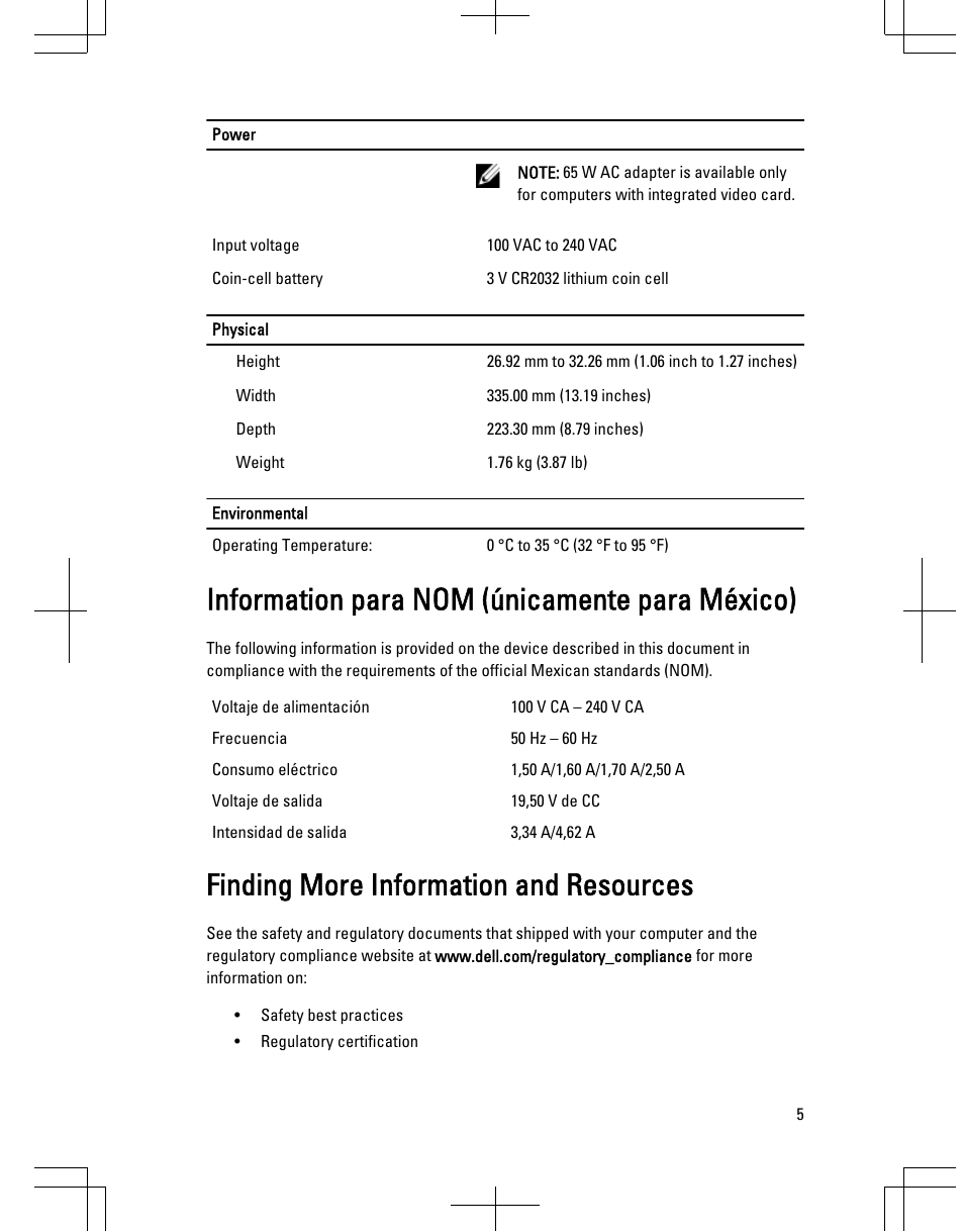 Information para nom (únicamente para méxico), Finding more information and resources | Dell Latitude E6430s (Mid 2012) User Manual | Page 5 / 6