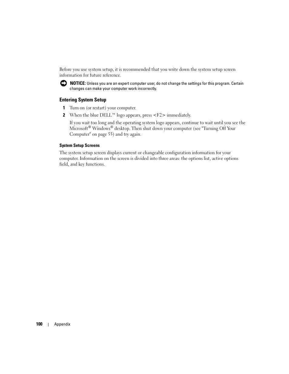 Entering system setup | Dell XPS 200 User Manual | Page 100 / 132