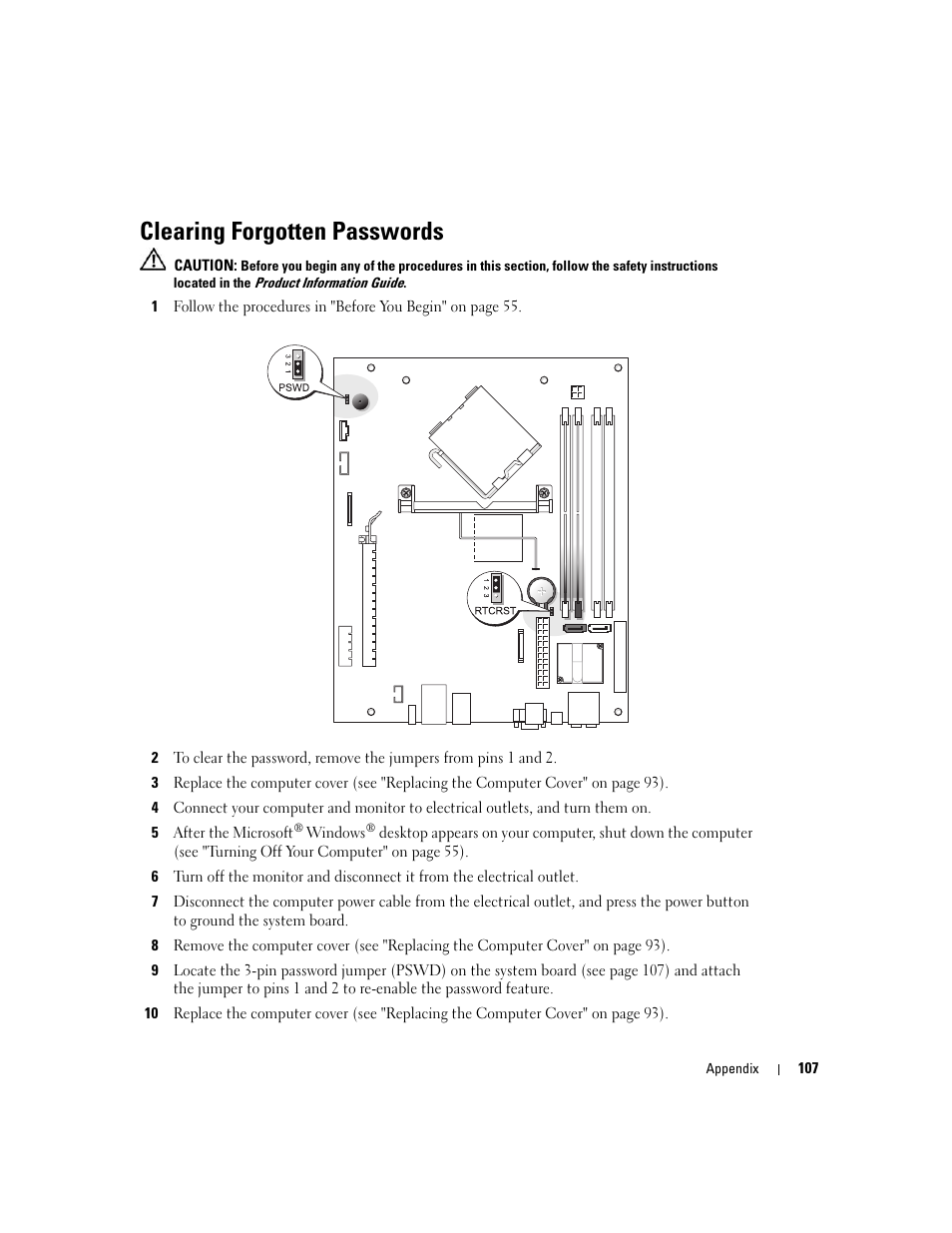 Clearing forgotten passwords | Dell XPS 200 User Manual | Page 107 / 132