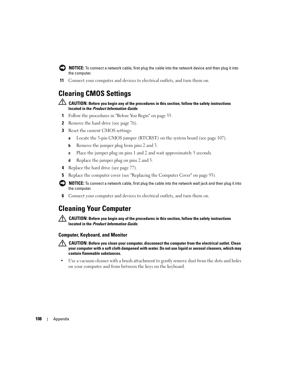 Clearing cmos settings, Cleaning your computer, Computer, keyboard, and monitor | Dell XPS 200 User Manual | Page 108 / 132