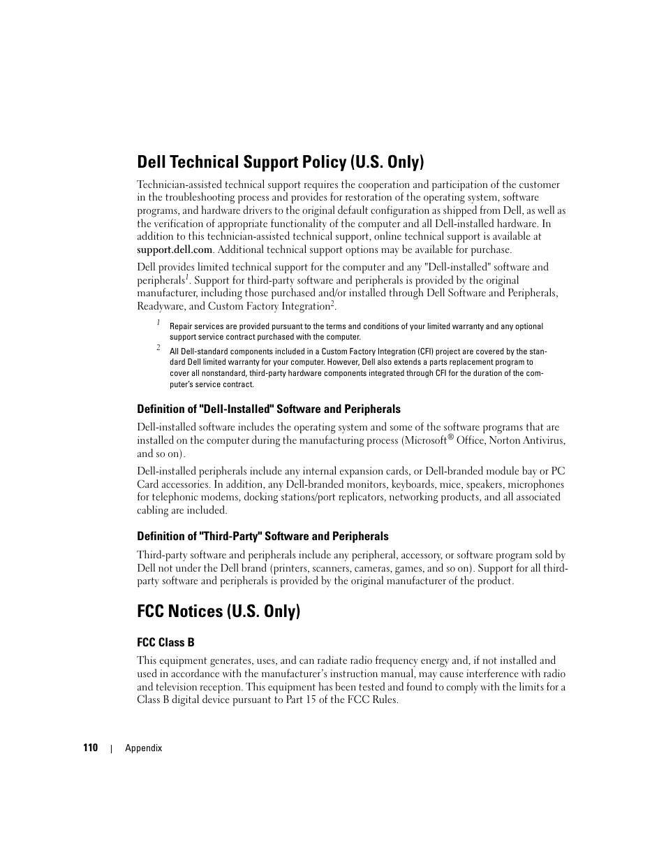 Dell technical support policy (u.s. only), Fcc notices (u.s. only), Fcc class b | Dell XPS 200 User Manual | Page 110 / 132