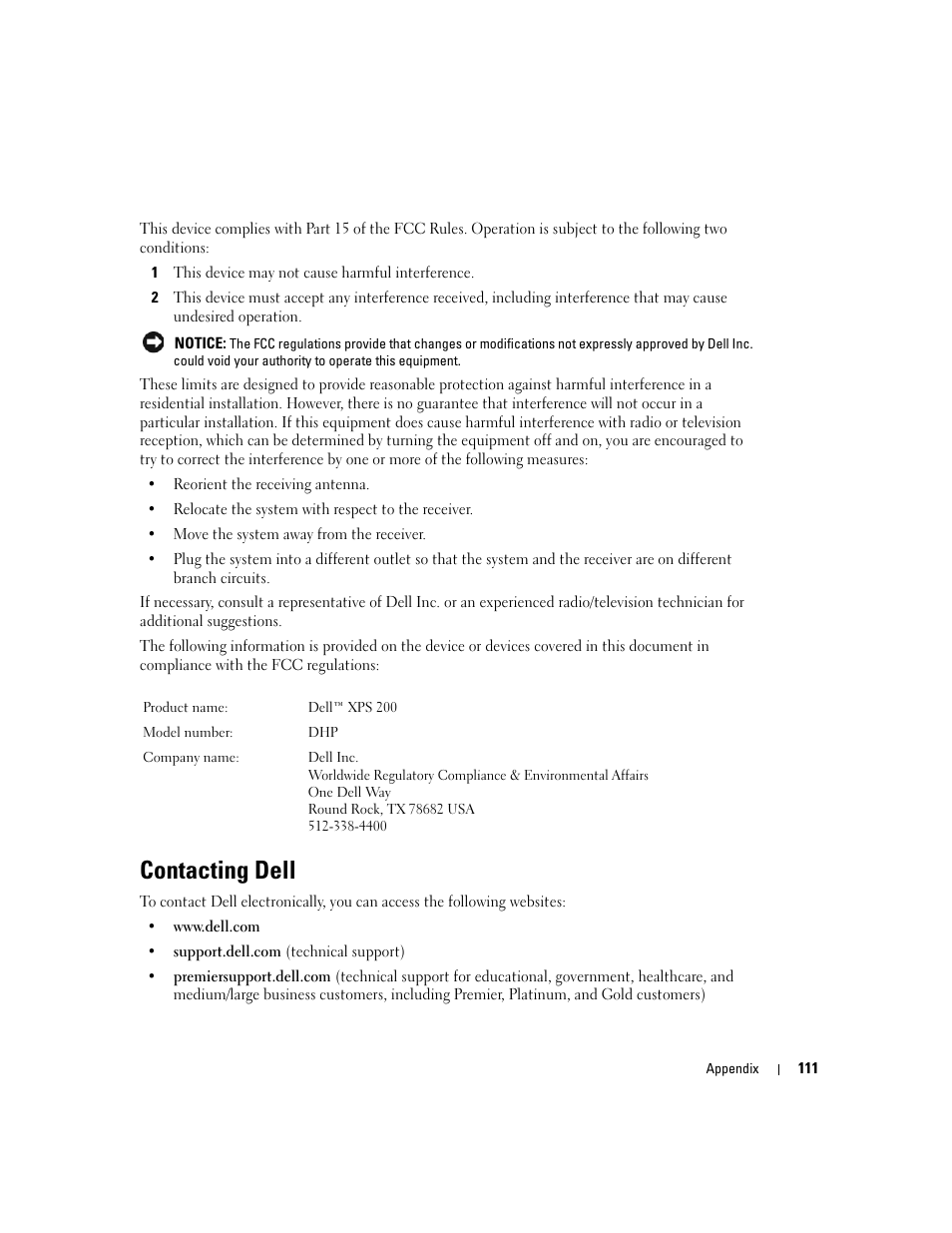 Contacting dell, Condition, contact dell (see | Dell XPS 200 User Manual | Page 111 / 132
