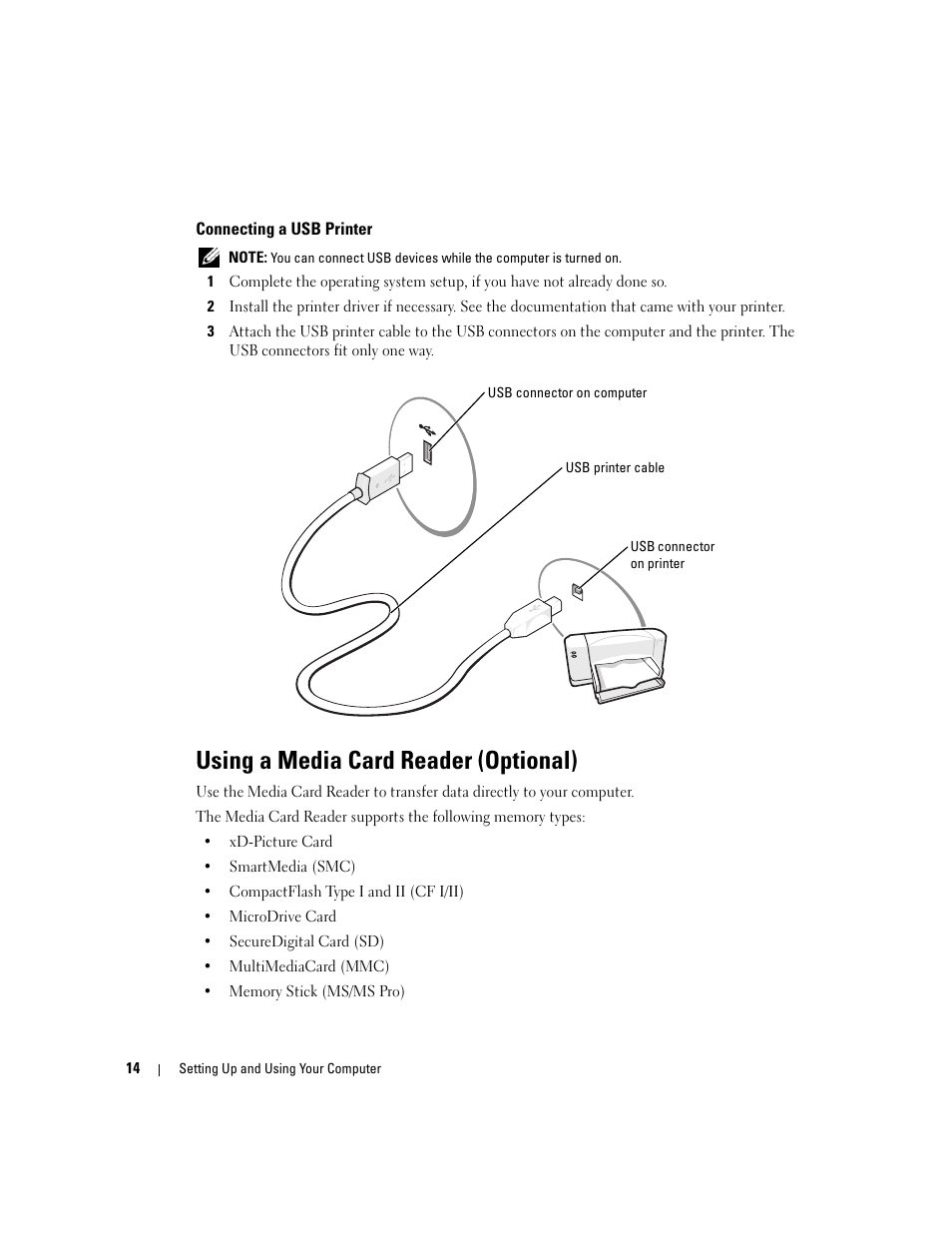 Connecting a usb printer, Using a media card reader (optional) | Dell XPS 200 User Manual | Page 14 / 132