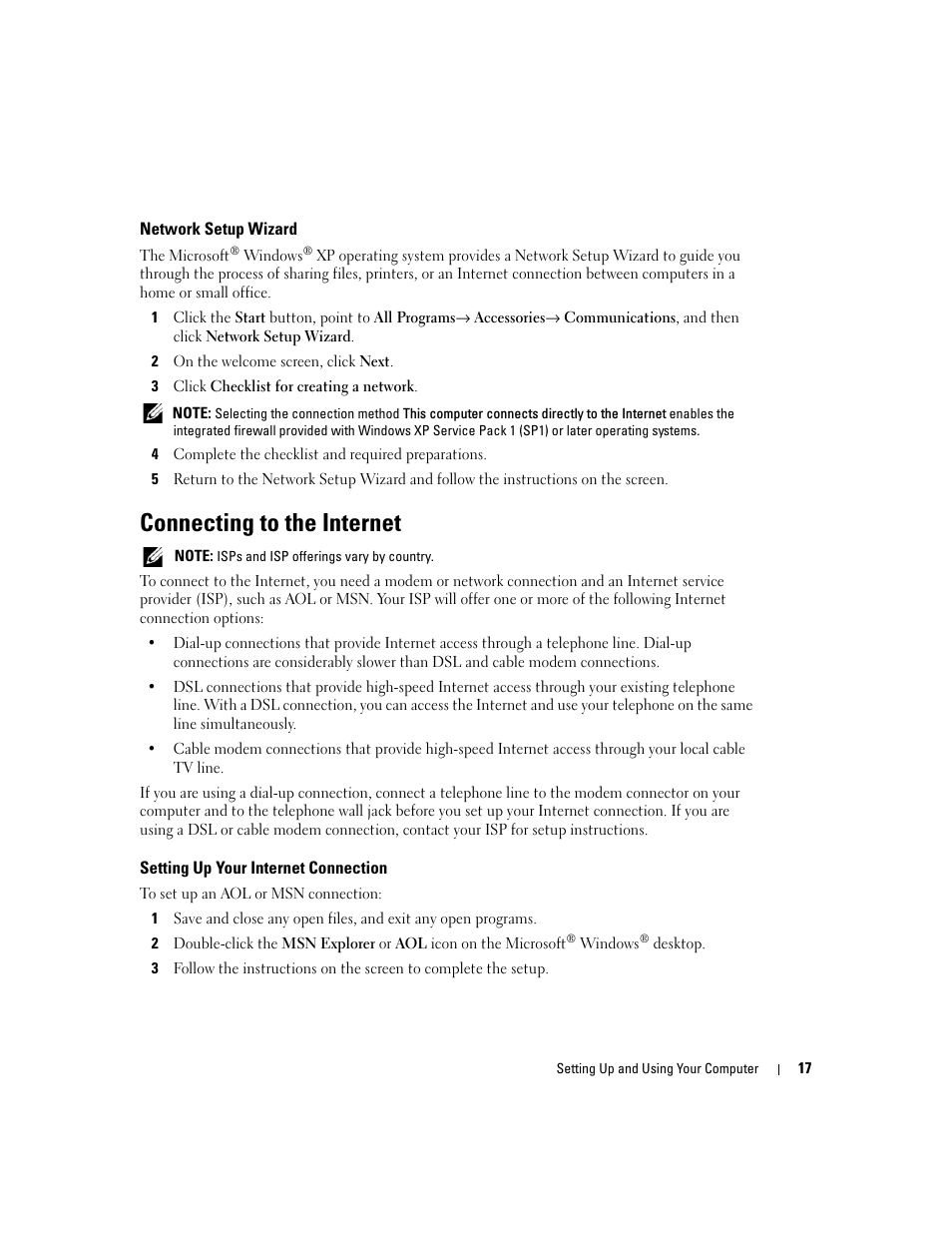 Network setup wizard, Connecting to the internet, Setting up your internet connection | Dell XPS 200 User Manual | Page 17 / 132