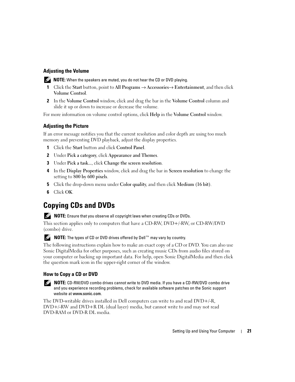 Adjusting the volume, Adjusting the picture, Copying cds and dvds | How to copy a cd or dvd | Dell XPS 200 User Manual | Page 21 / 132