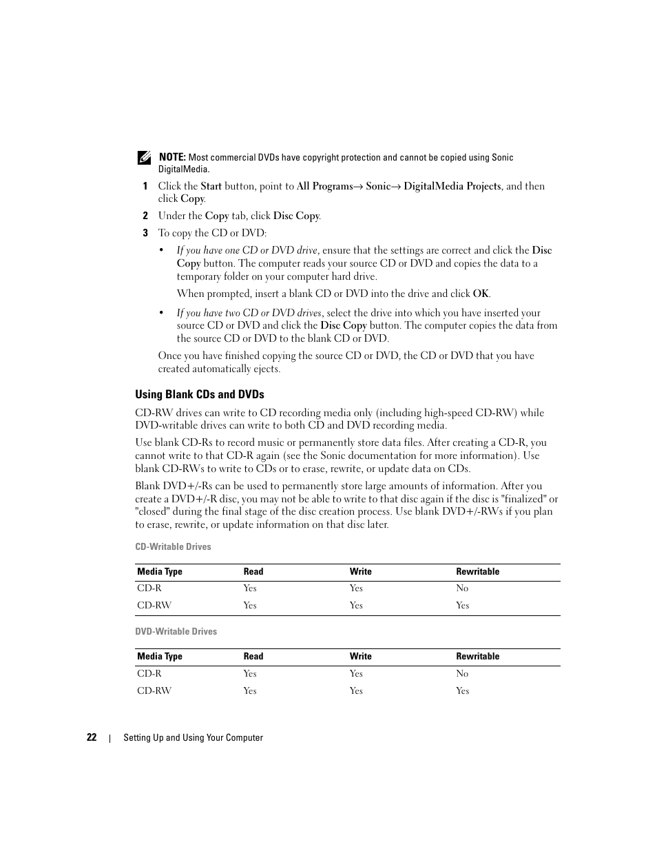 Using blank cds and dvds | Dell XPS 200 User Manual | Page 22 / 132