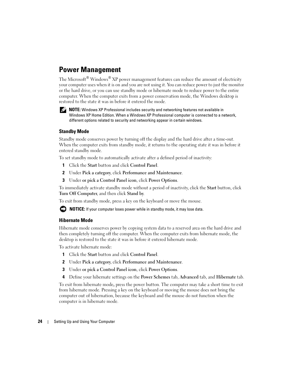 Power management, Standby mode, Hibernate mode | Dell XPS 200 User Manual | Page 24 / 132
