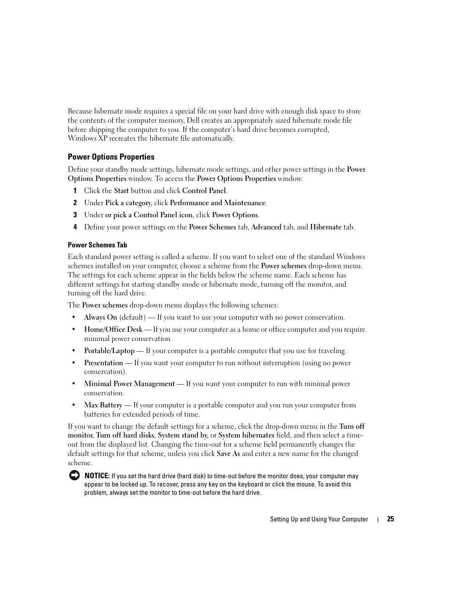 Power options properties | Dell XPS 200 User Manual | Page 25 / 132