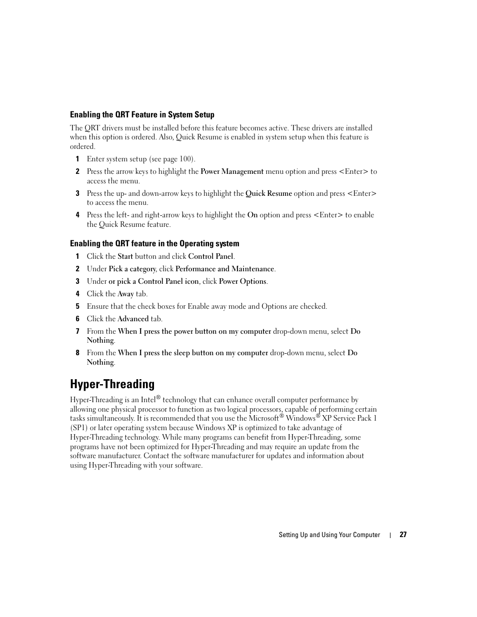 Enabling the qrt feature in system setup, Enabling the qrt feature in the operating system, Hyper-threading | Dell XPS 200 User Manual | Page 27 / 132