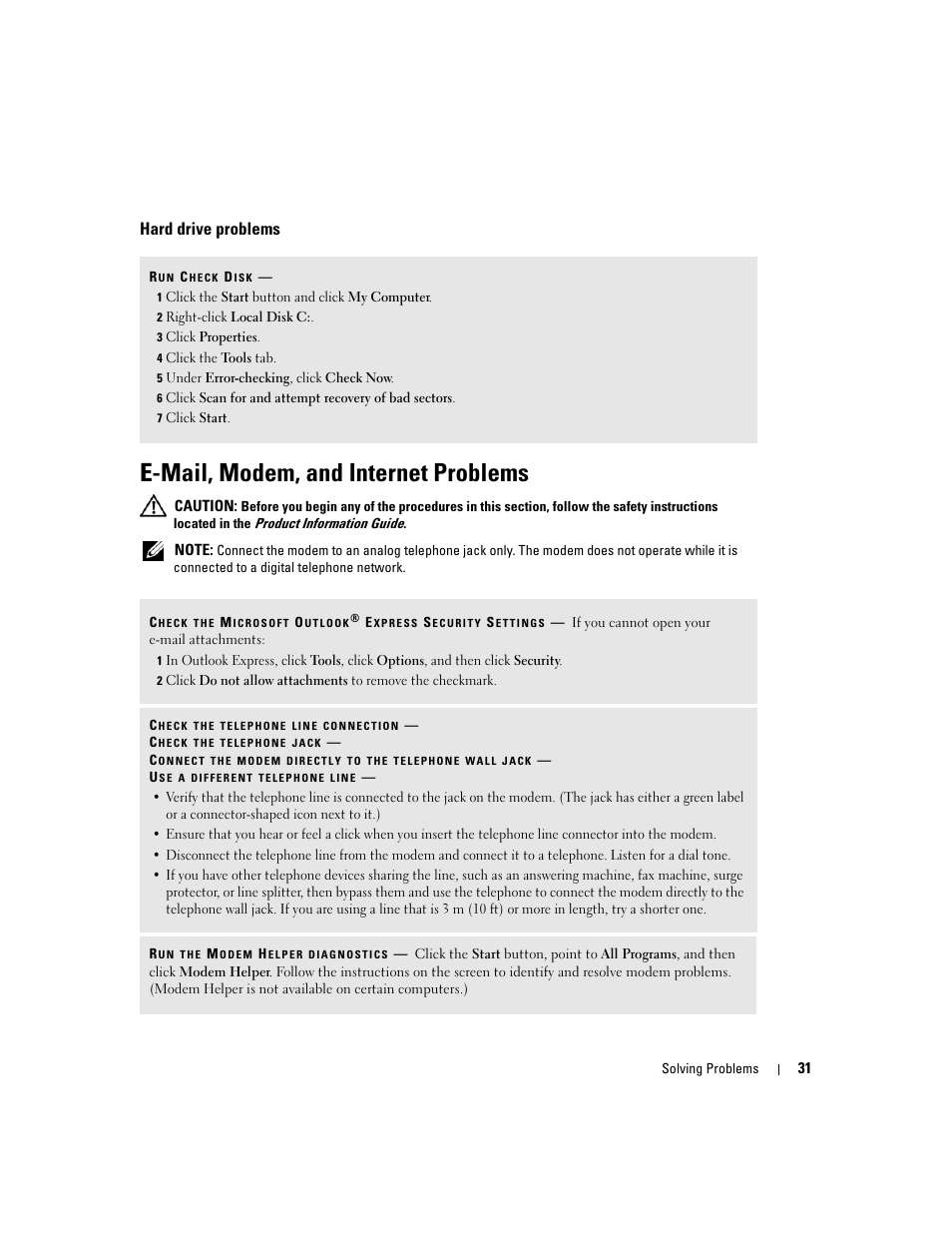 Hard drive problems, E-mail, modem, and internet problems | Dell XPS 200 User Manual | Page 31 / 132