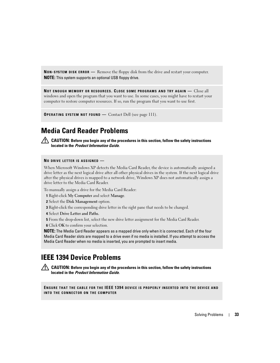 Media card reader problems, Ieee 1394 device problems | Dell XPS 200 User Manual | Page 33 / 132