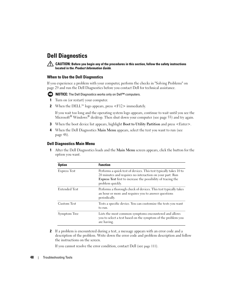 Dell diagnostics, When to use the dell diagnostics, Dell diagnostics main menu | Dell XPS 200 User Manual | Page 48 / 132