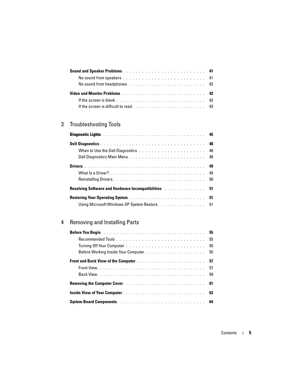 3troubleshooting tools, 4removing and installing parts | Dell XPS 200 User Manual | Page 5 / 132