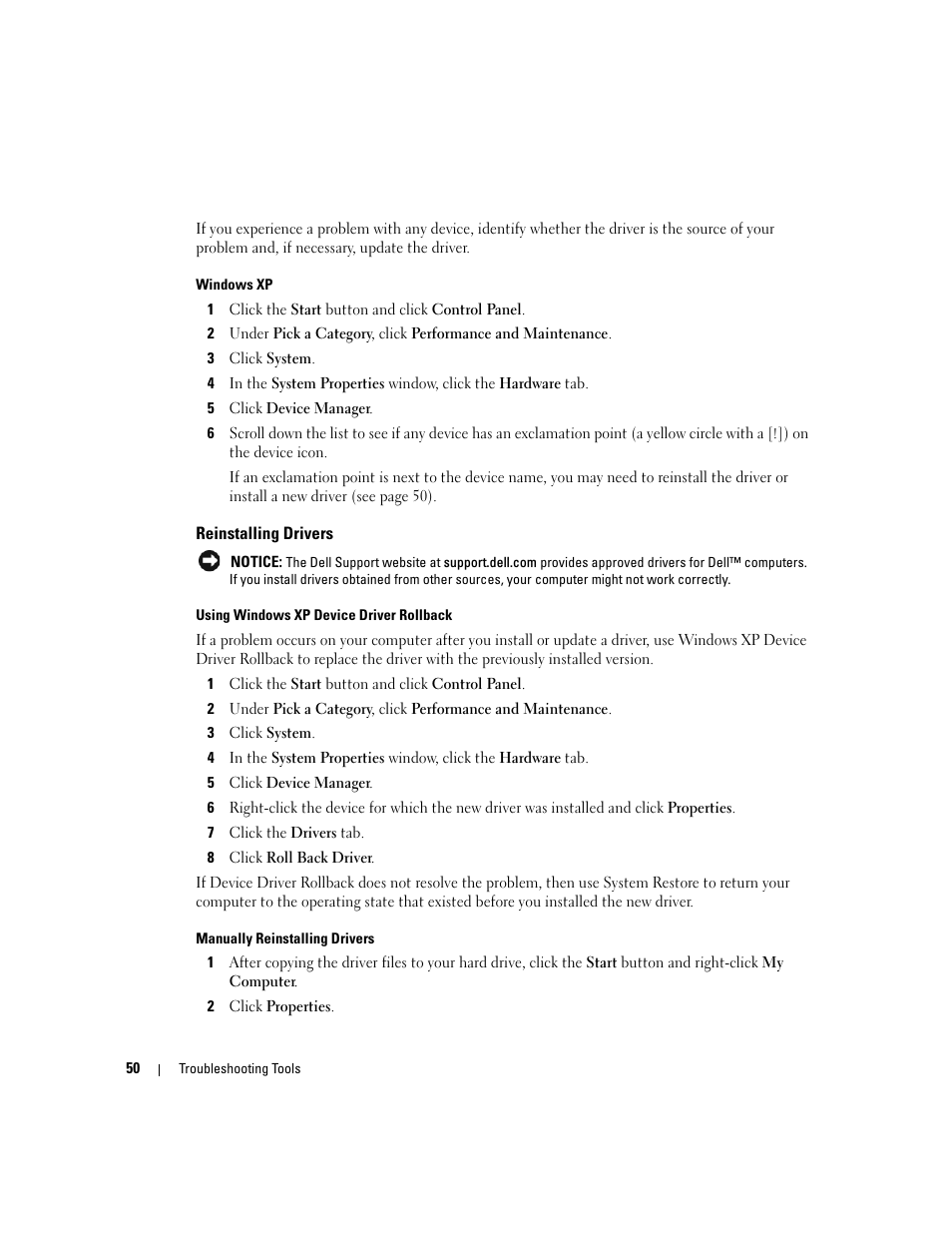 Reinstalling drivers | Dell XPS 200 User Manual | Page 50 / 132