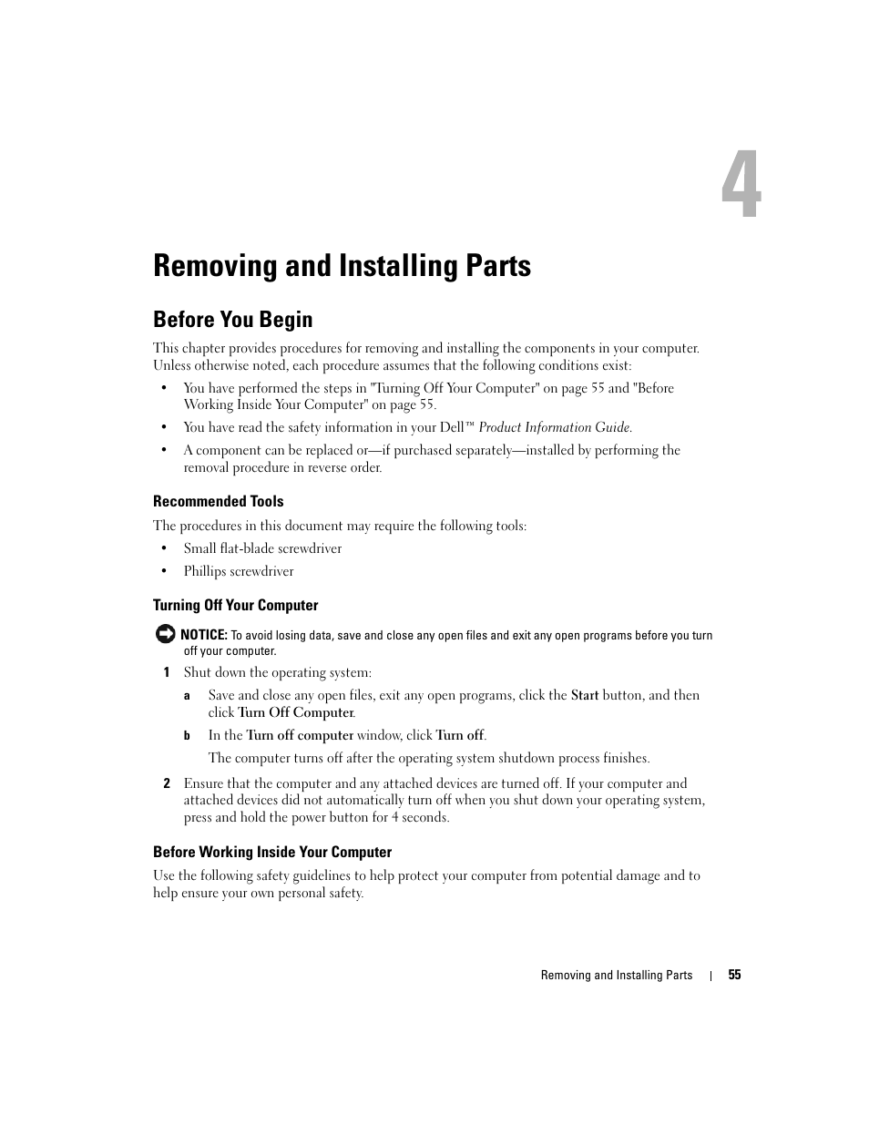 Removing and installing parts, Before you begin, Recommended tools | Turning off your computer, Before working inside your computer | Dell XPS 200 User Manual | Page 55 / 132
