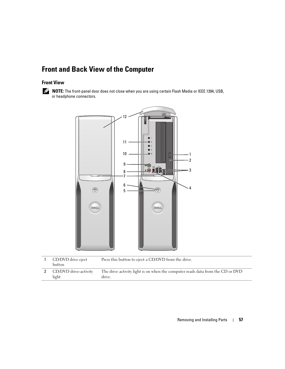 Front and back view of the computer, Front view | Dell XPS 200 User Manual | Page 57 / 132