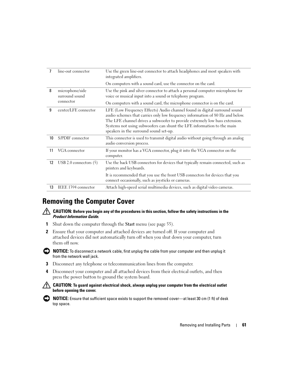 Removing the computer cover | Dell XPS 200 User Manual | Page 61 / 132