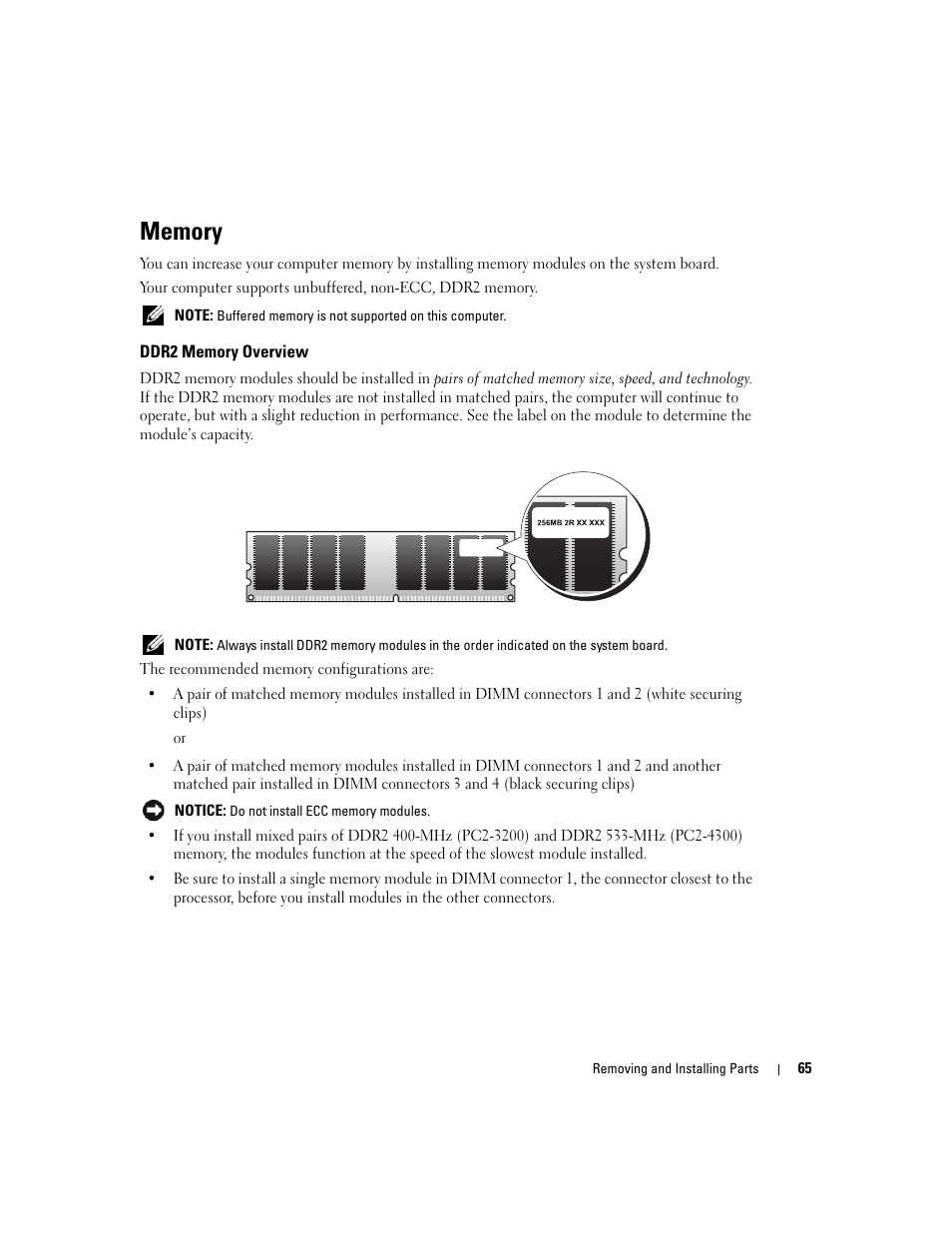 Memory, Ddr2 memory overview | Dell XPS 200 User Manual | Page 65 / 132