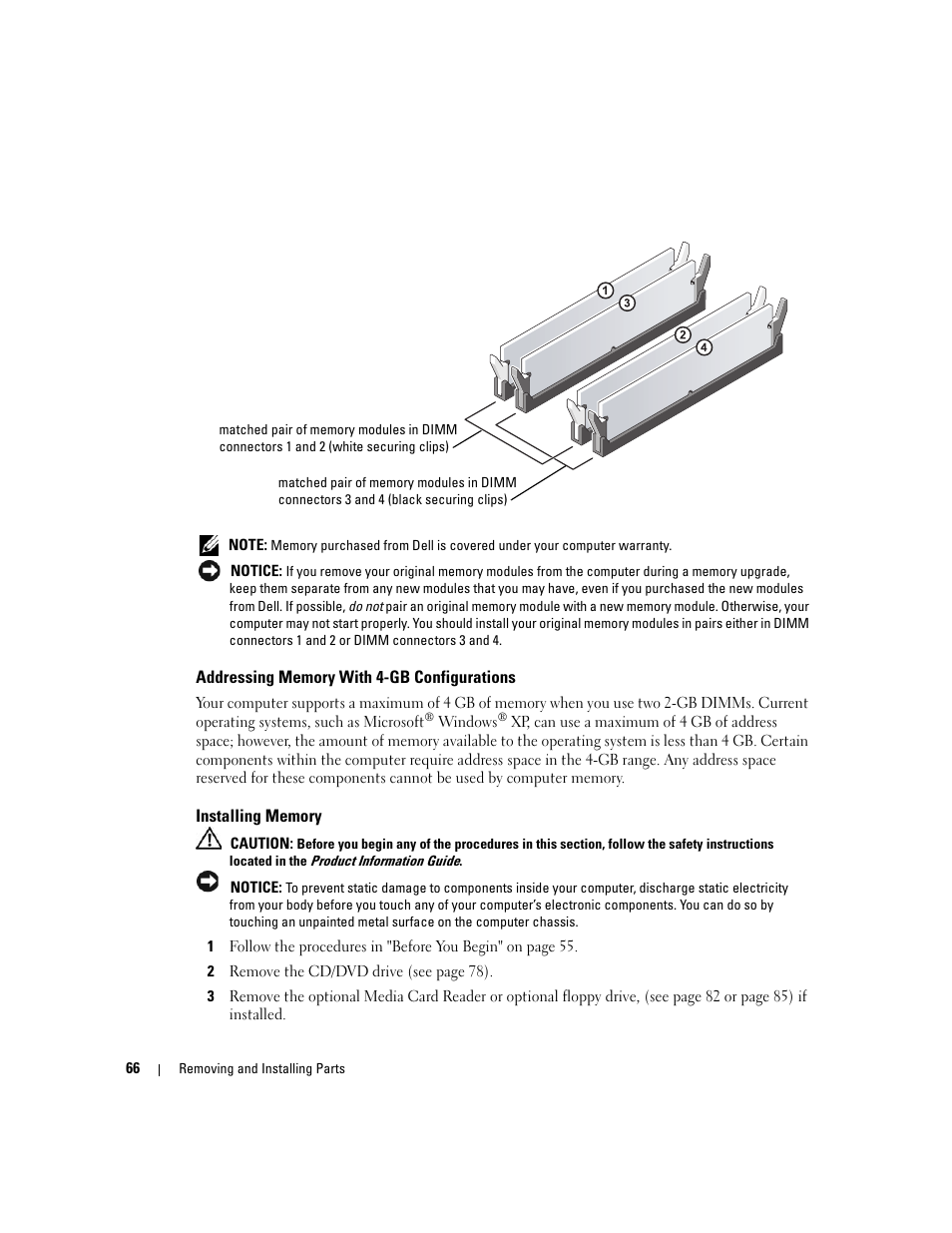Addressing memory with 4-gb configurations, Installing memory | Dell XPS 200 User Manual | Page 66 / 132