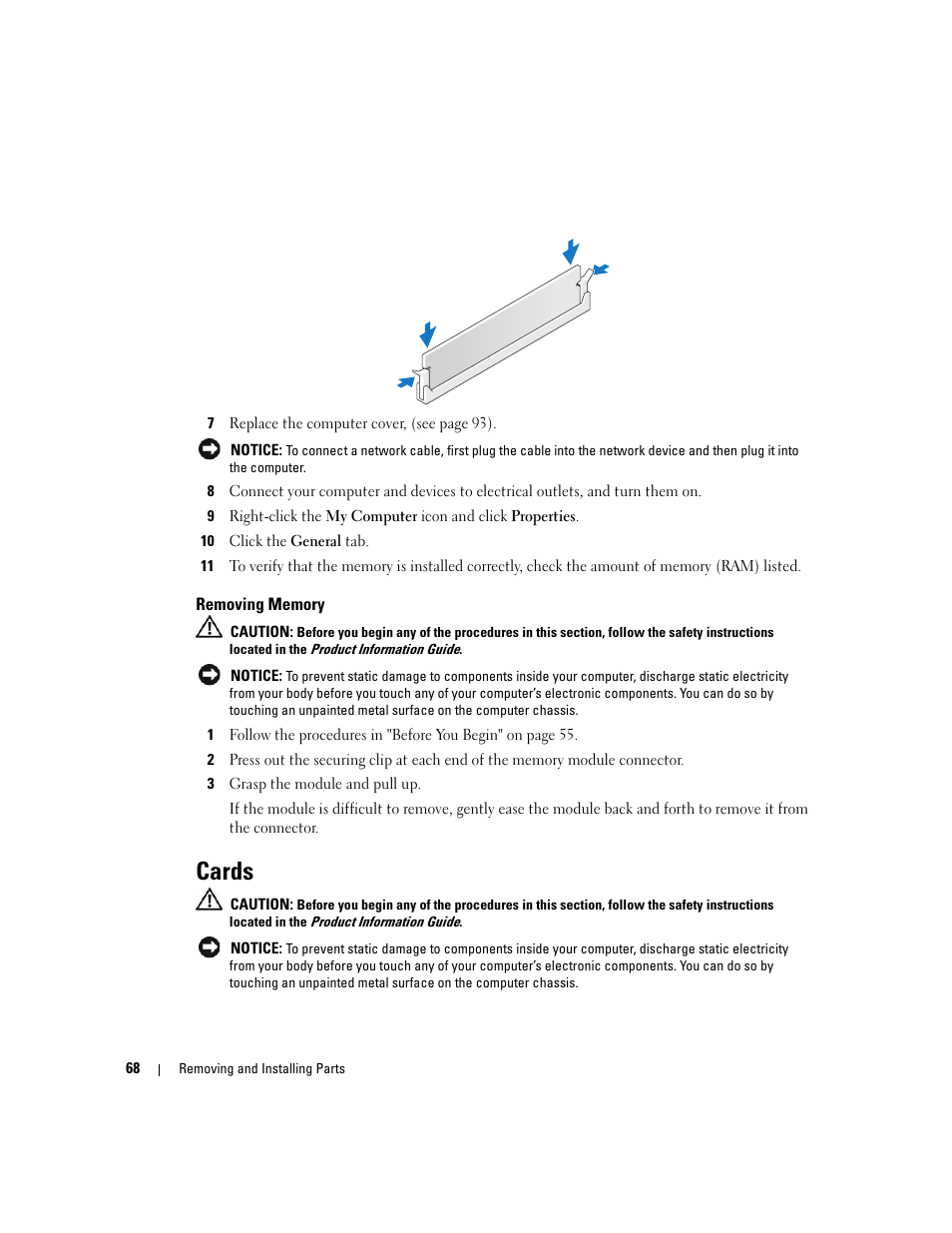 Removing memory, Cards | Dell XPS 200 User Manual | Page 68 / 132