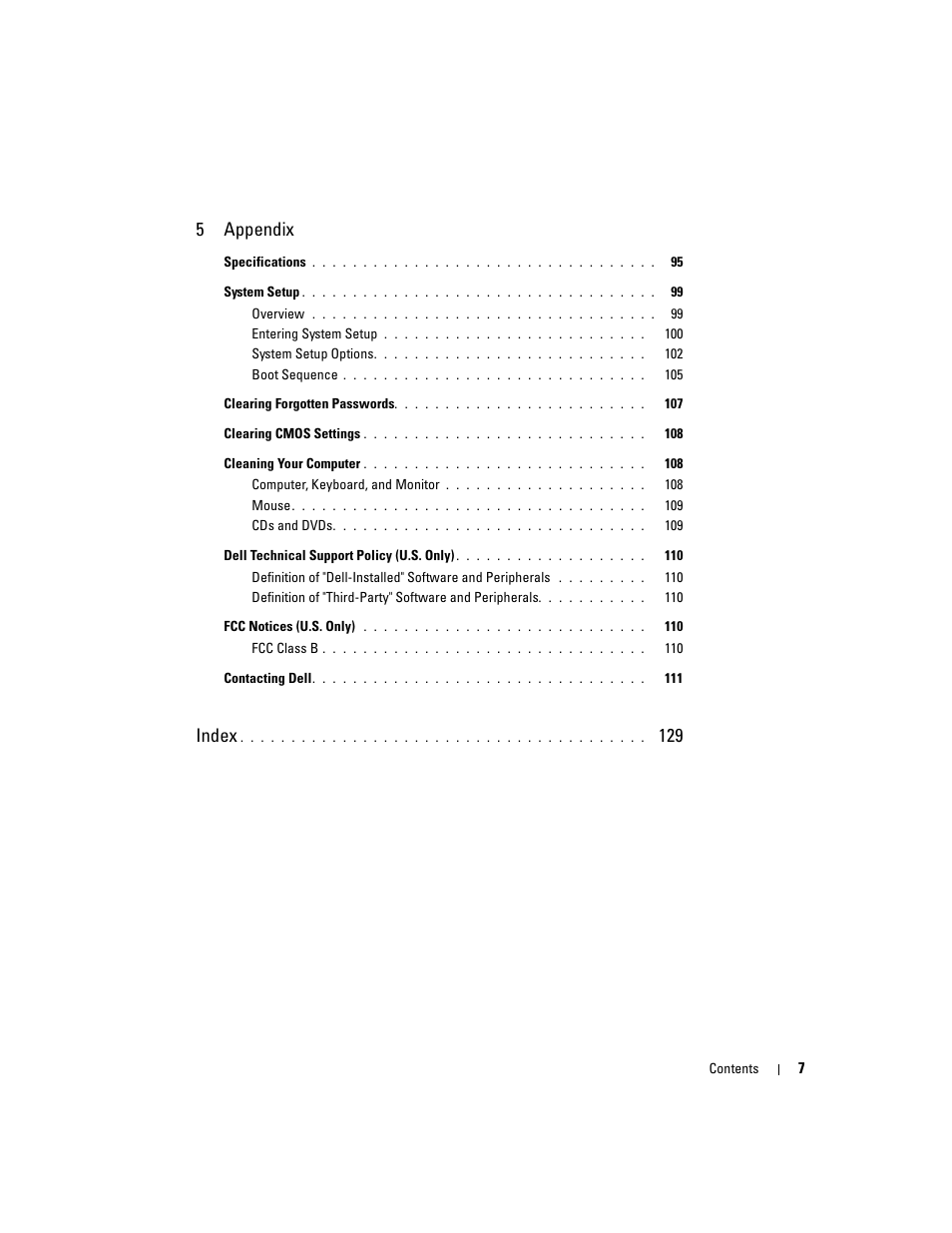 5appendix, Index | Dell XPS 200 User Manual | Page 7 / 132