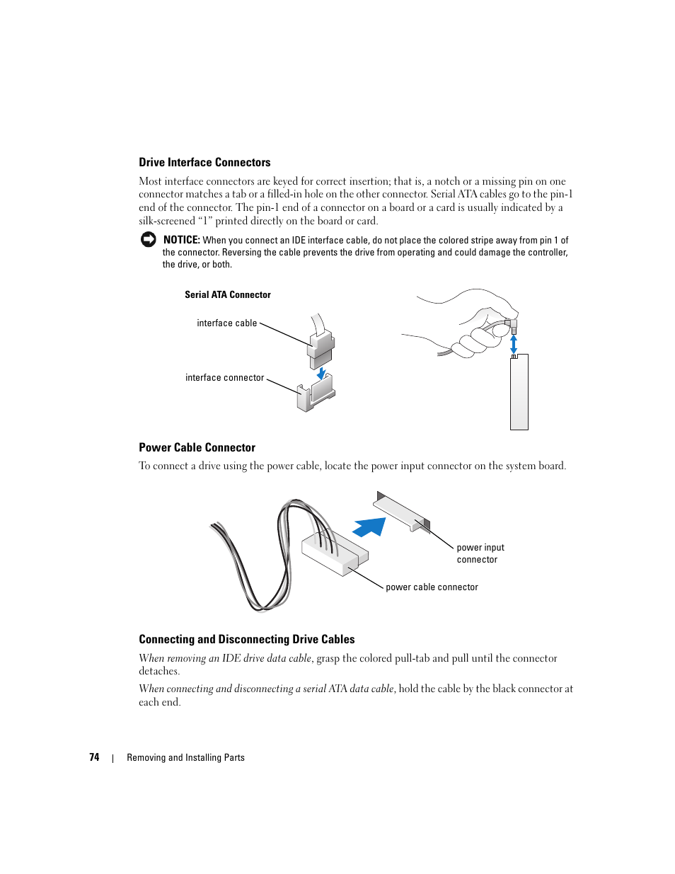 Drive interface connectors, Power cable connector, Connecting and disconnecting drive cables | Dell XPS 200 User Manual | Page 74 / 132