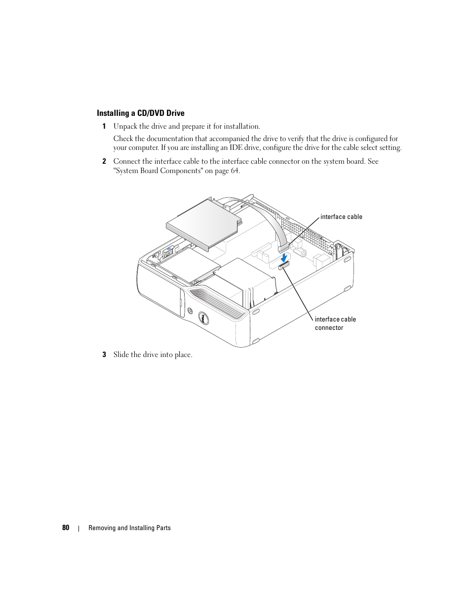 Installing a cd/dvd drive | Dell XPS 200 User Manual | Page 80 / 132