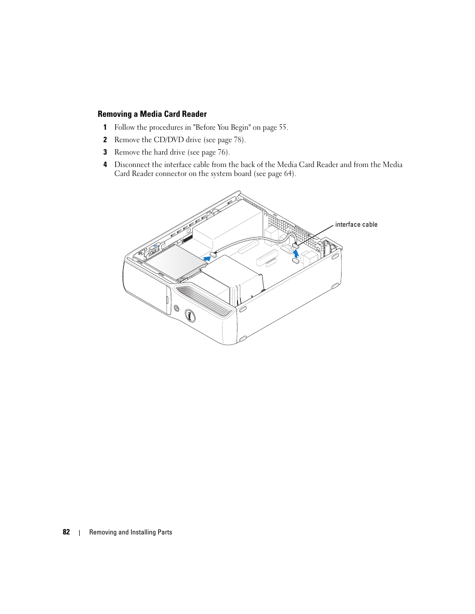 Removing a media card reader | Dell XPS 200 User Manual | Page 82 / 132