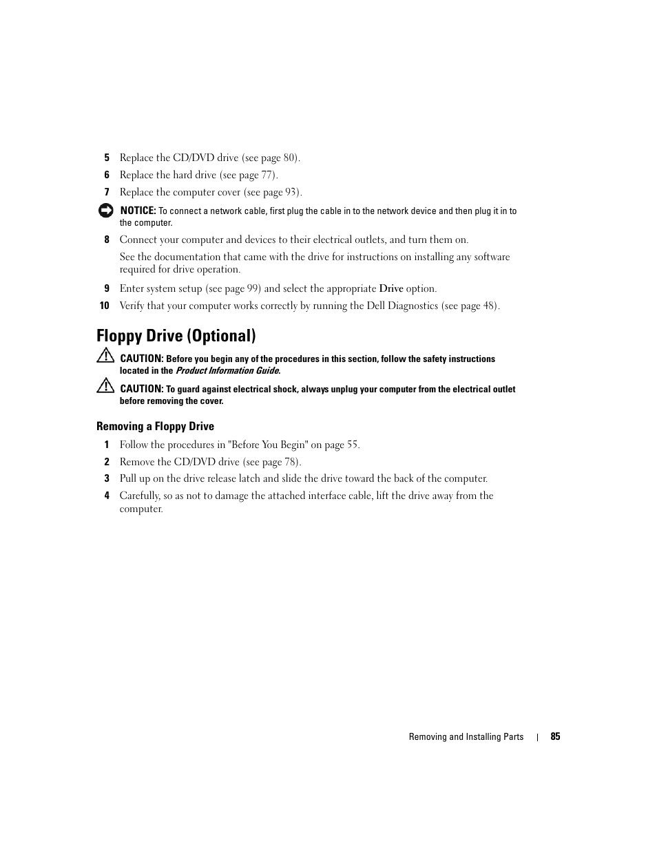 Floppy drive (optional), Removing a floppy drive, 85) if | Dell XPS 200 User Manual | Page 85 / 132