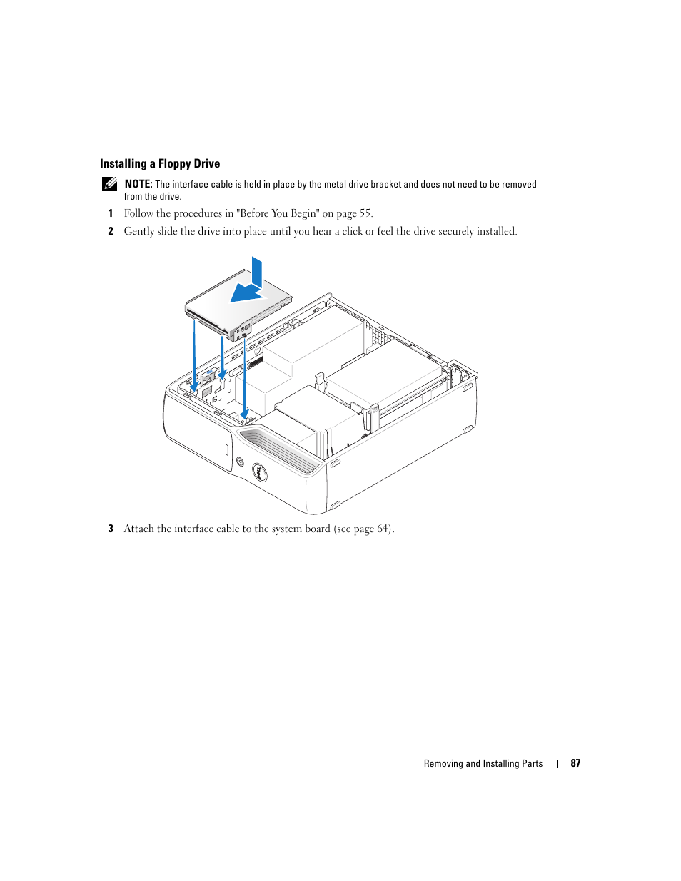 Installing a floppy drive | Dell XPS 200 User Manual | Page 87 / 132