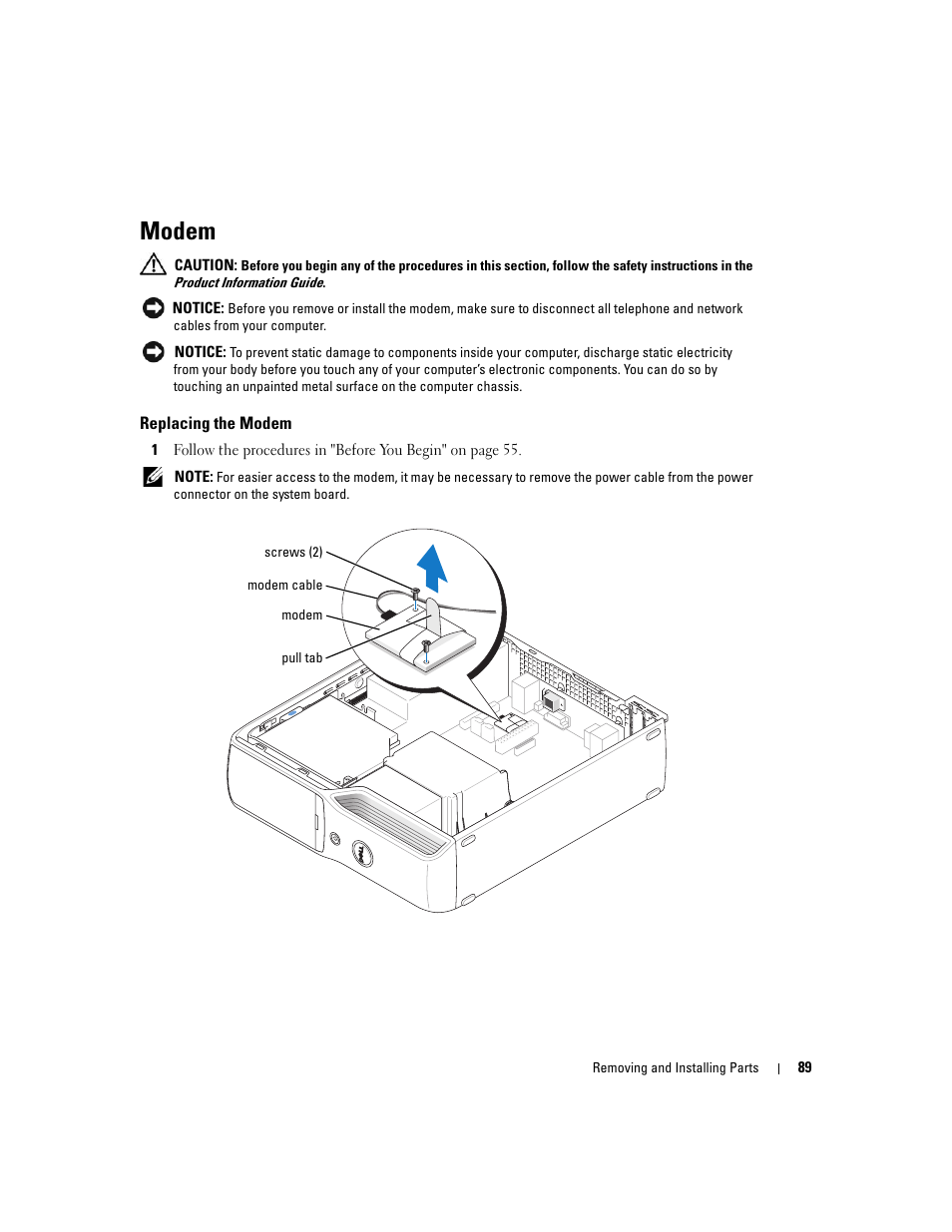 Modem, Replacing the modem | Dell XPS 200 User Manual | Page 89 / 132