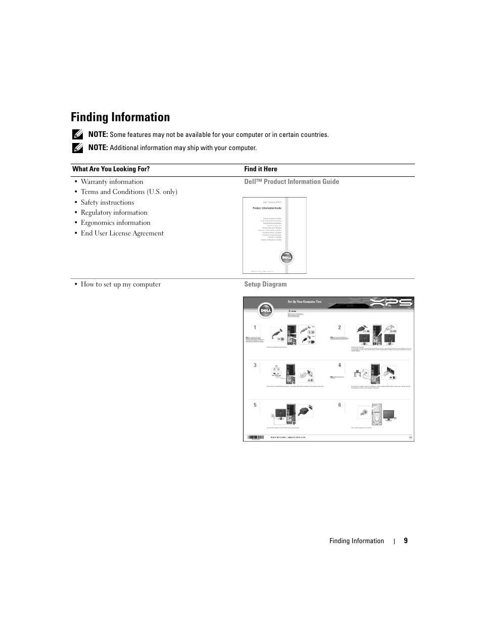 Finding information | Dell XPS 200 User Manual | Page 9 / 132