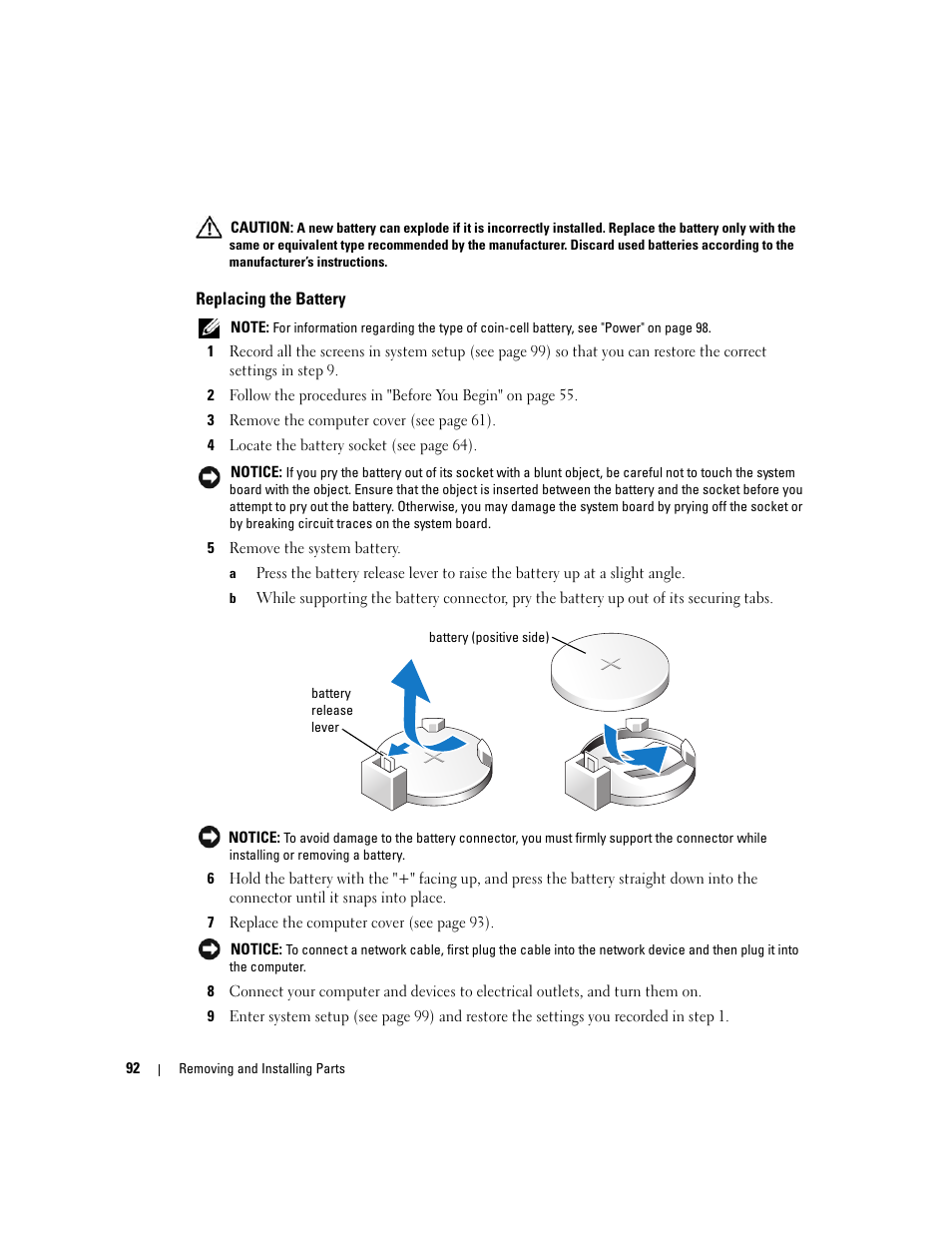 Replacing the battery | Dell XPS 200 User Manual | Page 92 / 132