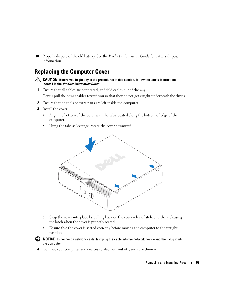 Replacing the computer cover | Dell XPS 200 User Manual | Page 93 / 132