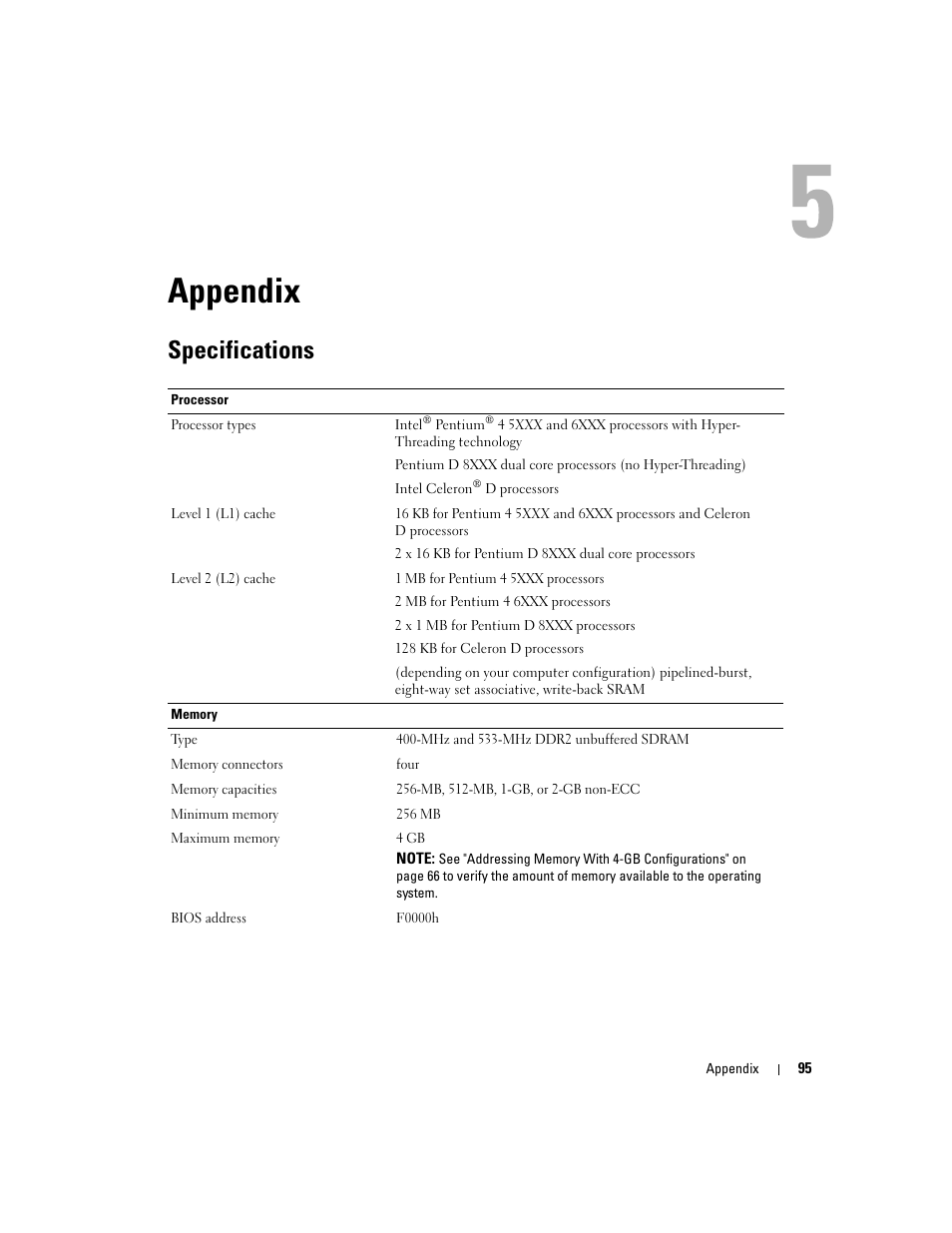 Appendix, Specifications | Dell XPS 200 User Manual | Page 95 / 132