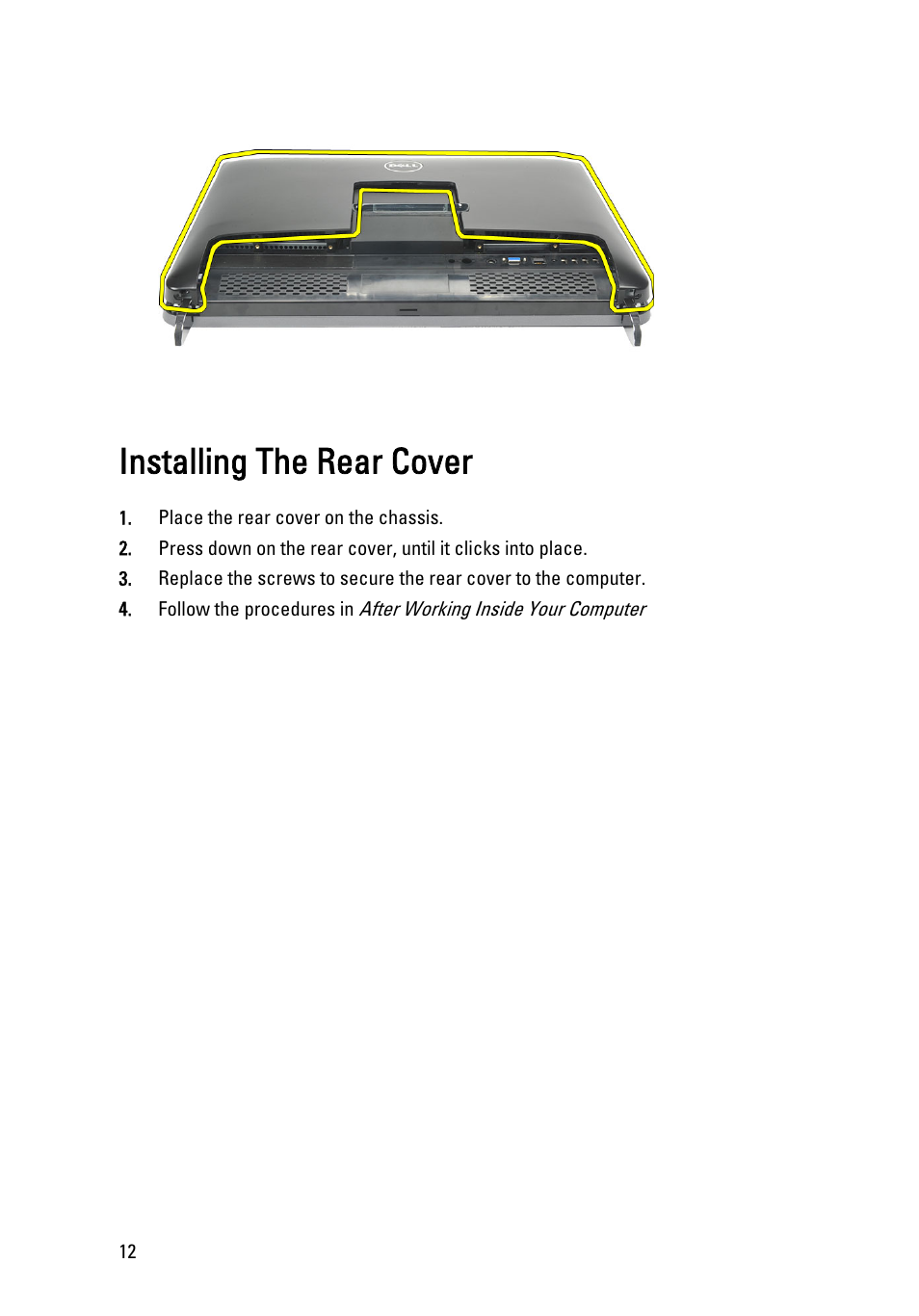 Installing the rear cover | Dell Vostro 360 (Late 2011) User Manual | Page 12 / 101